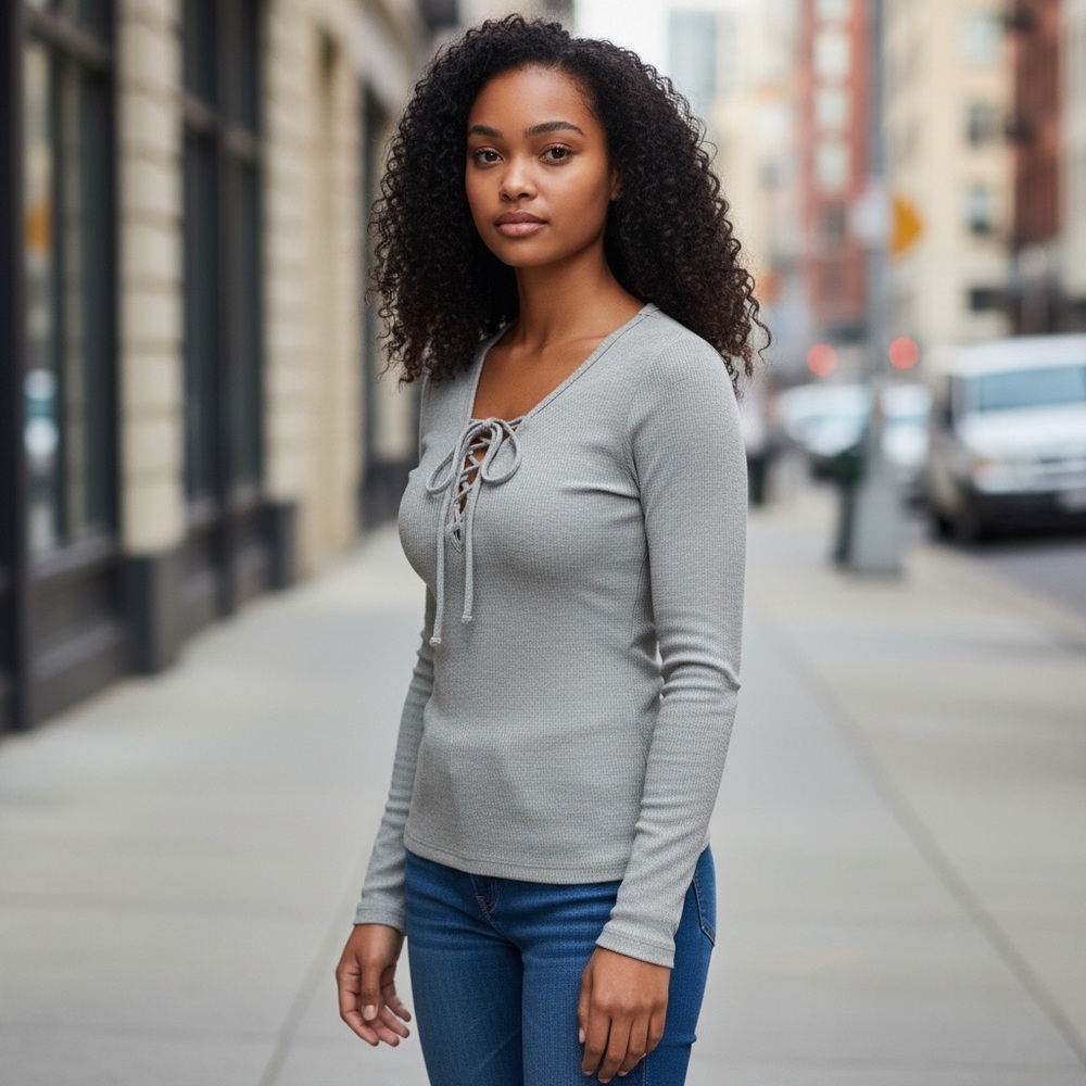 FREE PEOPLE INTIMATELY Ribbed Lace-up Long Sleeve Top heather grey, size M/L NWT